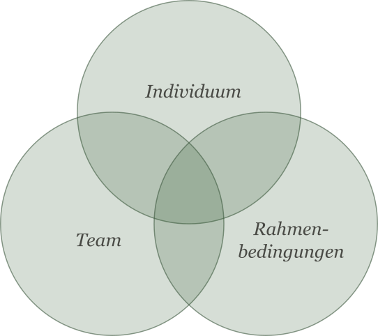 Ven-Diagramm in grün mit drei Kreisen: Individuum, Rahmenbedingungen
und Team